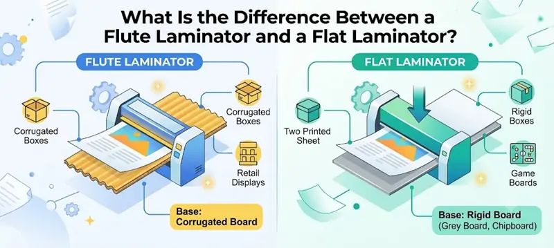 Comparison of packaging products showing corrugated display boxes made by flute laminator versus rigid setup boxes made by flat laminator.