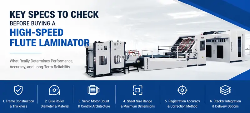 Flute laminating machine specifications including frame construction servo control and glue roller design