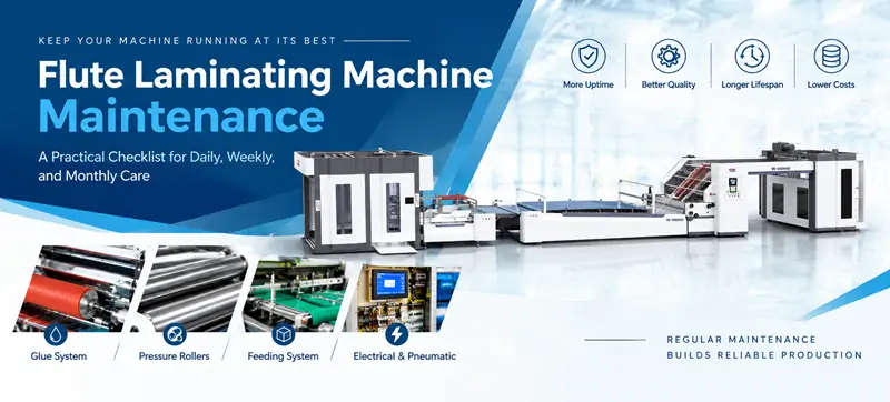 Flute laminator maintenance guide covering glue system, pressure rollers, feeding system, and sensors